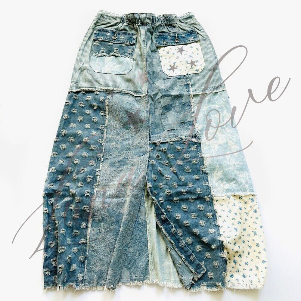 POL Clothing Floral Pattern Denim Patchwork Maxi Skirt (M & L) NEW! - Picture 7 of 11